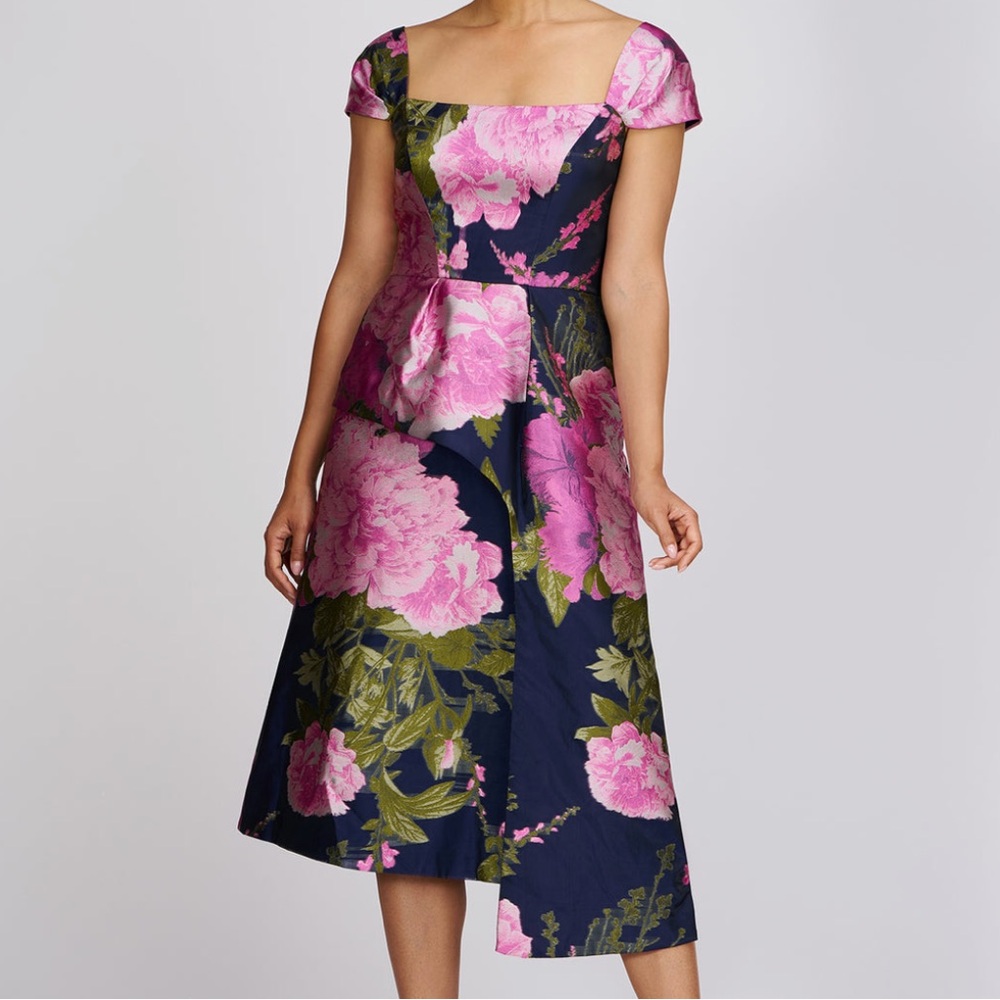 Kay Unger Blanca Floral Midi Dress Navy Pink Wedding Guest Size 6